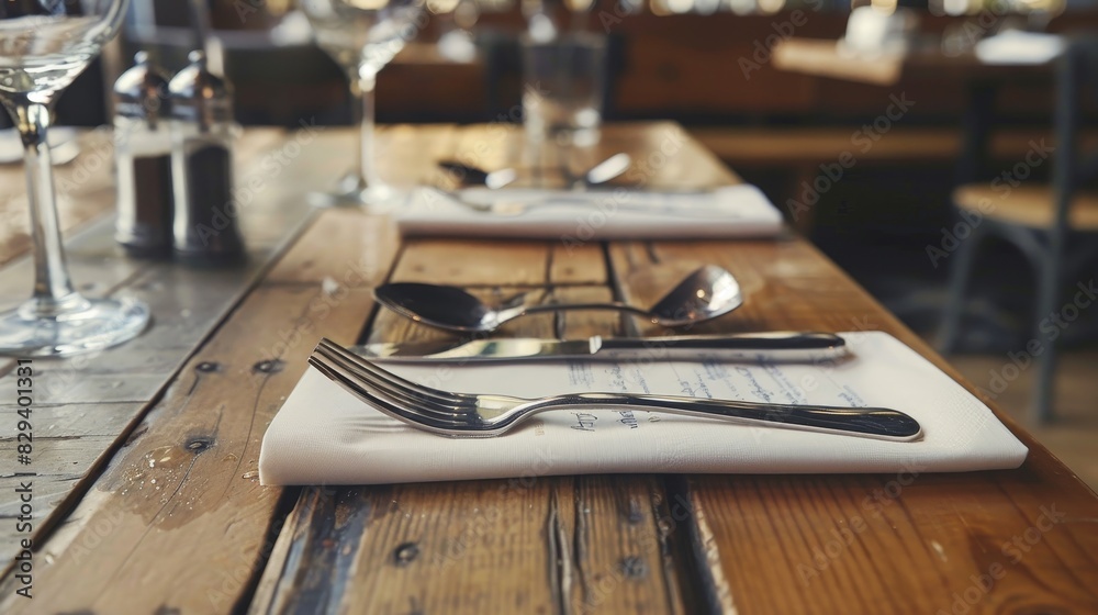 Detailed view of spoons and forks arranged on a rustic wooden table, restaurant menu in soft focus, natural light