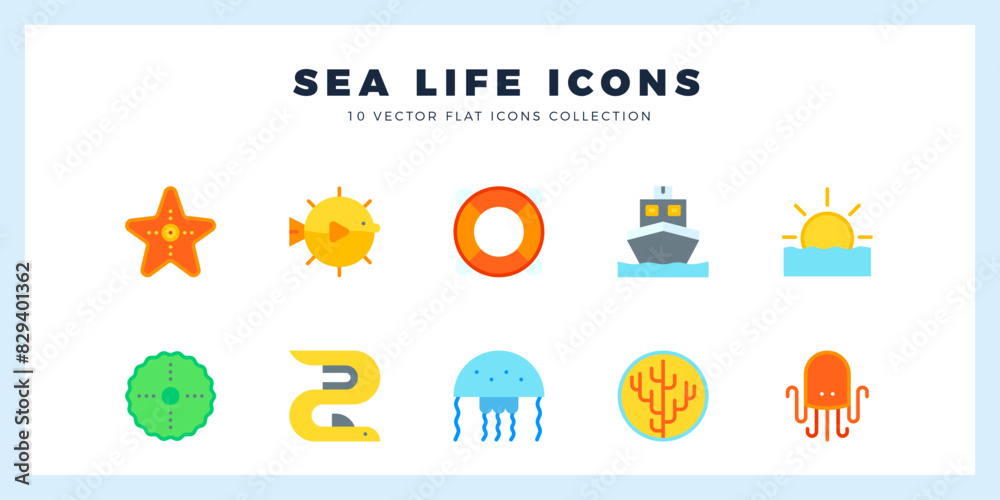 10 Sea Life Flat icons pack. vector illustration.