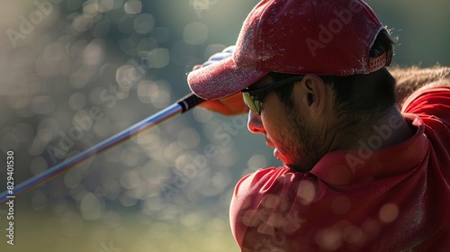 A closeup of a golfer s intense concentration as they prepare to swing, capturing the precision and calm focus needed photo