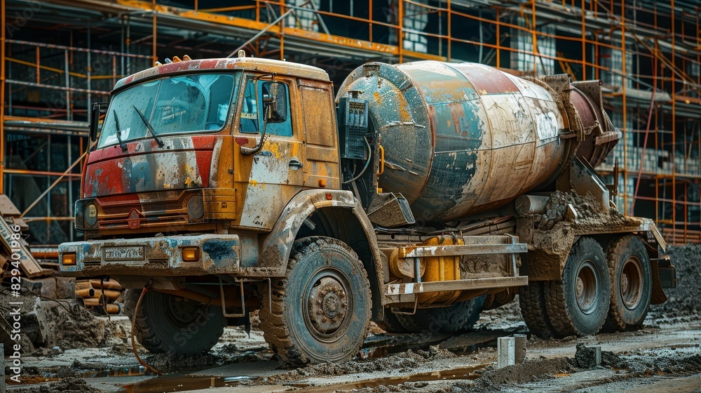 Detailed view of an aged cement mixer truck, standing by at a bustling construction site, showcasing its well-used appearance