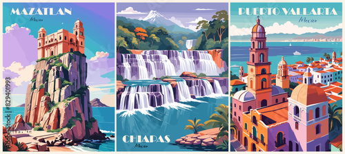 Set of Mexico Travel Destination Posters in retro style. Chiapas, Puerto Vallarta, Mazatlan prints. Exotic summer vacation, tourism, holidays concept. Vintage vector colorful illustrations. photo