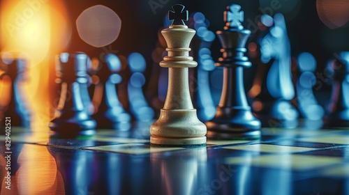 Detailed macro image of chess pieces mid-game, showcasing the battle of wits, strategic planning, and business competition under studio lighting