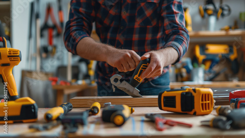 a carpenter handling the industrial tools and machines to  do his works Generative AI  photo