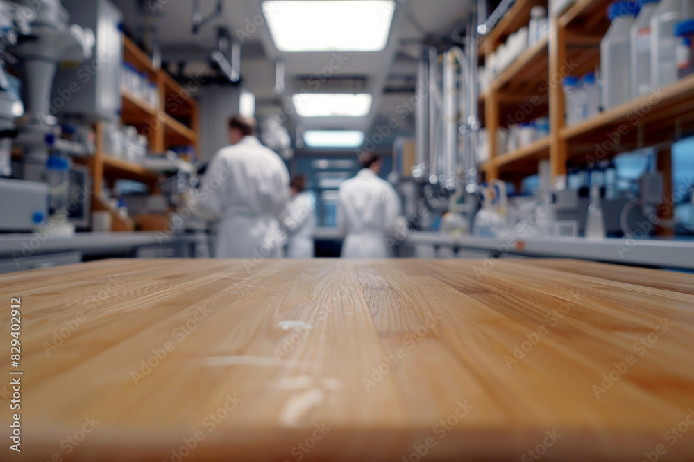 A wooden lab bench in the foreground with a blurred background of a science laboratory. The background features scientific equipment, lab coats, researchers conducting experiments, and shelves. A wooden lab bench in the foreground with a blurred background of a science laboratory. The background features scientific equipment, lab coats, researchers conducting experiments, and shelves.