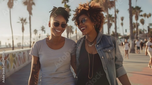 Joyful Lesbian Couple Strolling Along Venice Beach Boardwalk, Smiling and Laughing on Their Los Angeles Vacation © Shane KB