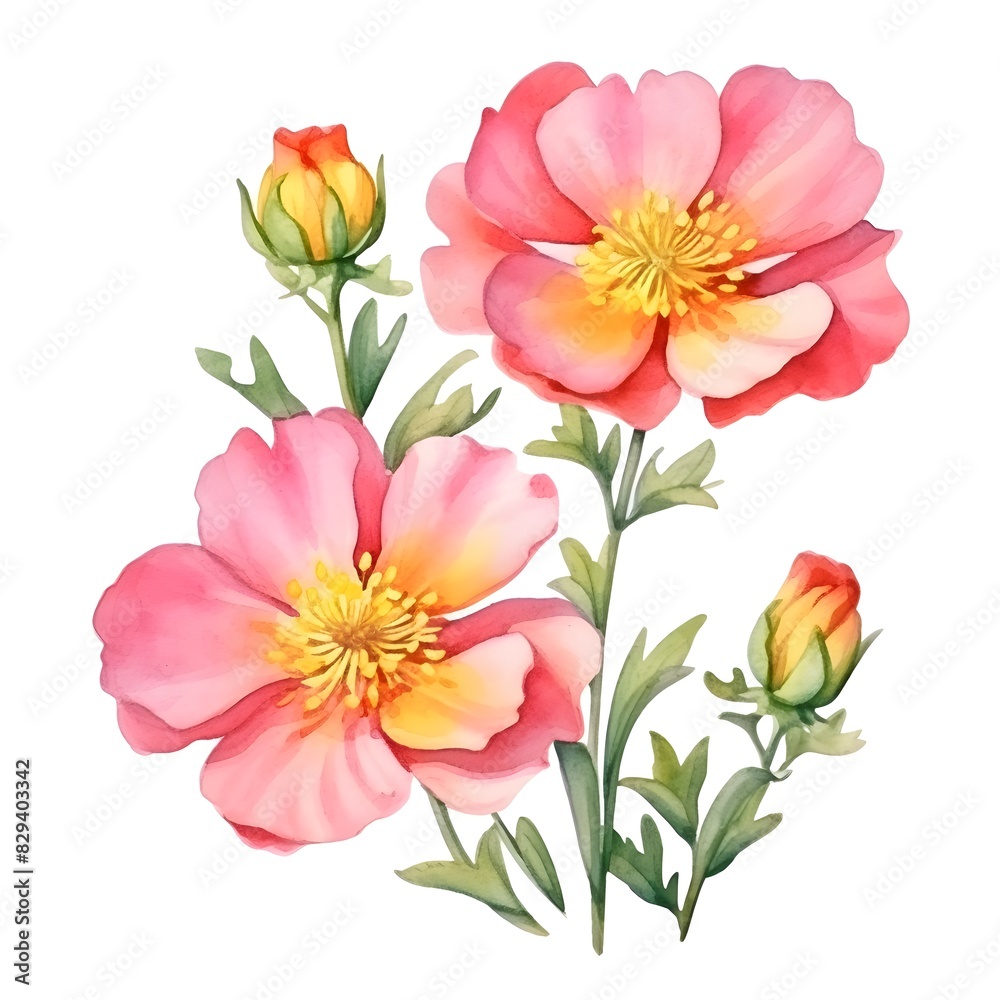 Vibrant Portulaca Flower Blooms in Watercolor