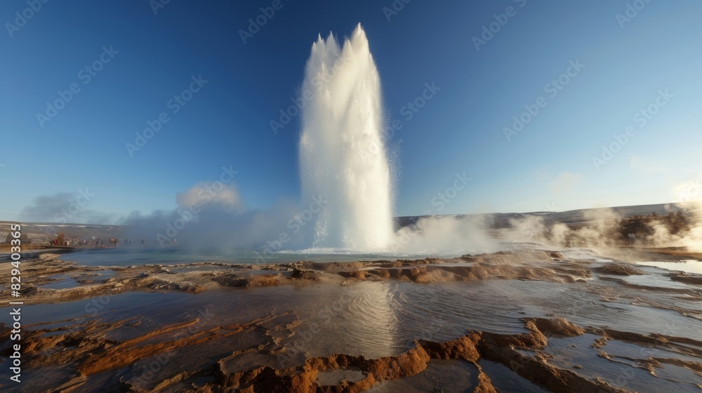 The geyser erupting in a rhythmic pattern against a clear blue sky