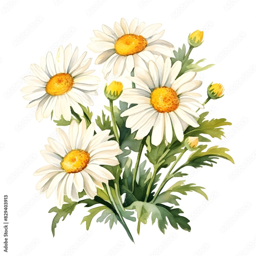 Fototapeta premium Vibrant Watercolor of Blooming Daisy Flowers on White Background
