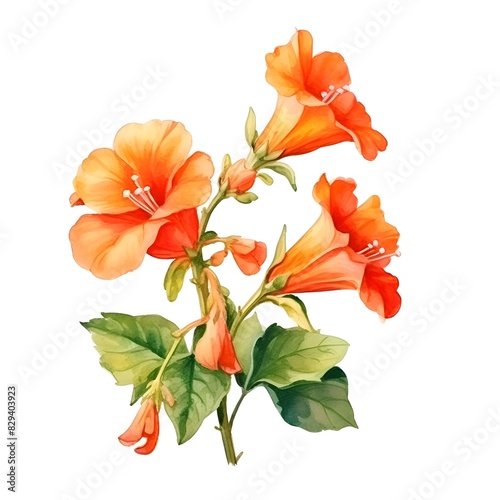 Vibrant Watercolor of Blooming Trumpet Vine Flowers on White Background