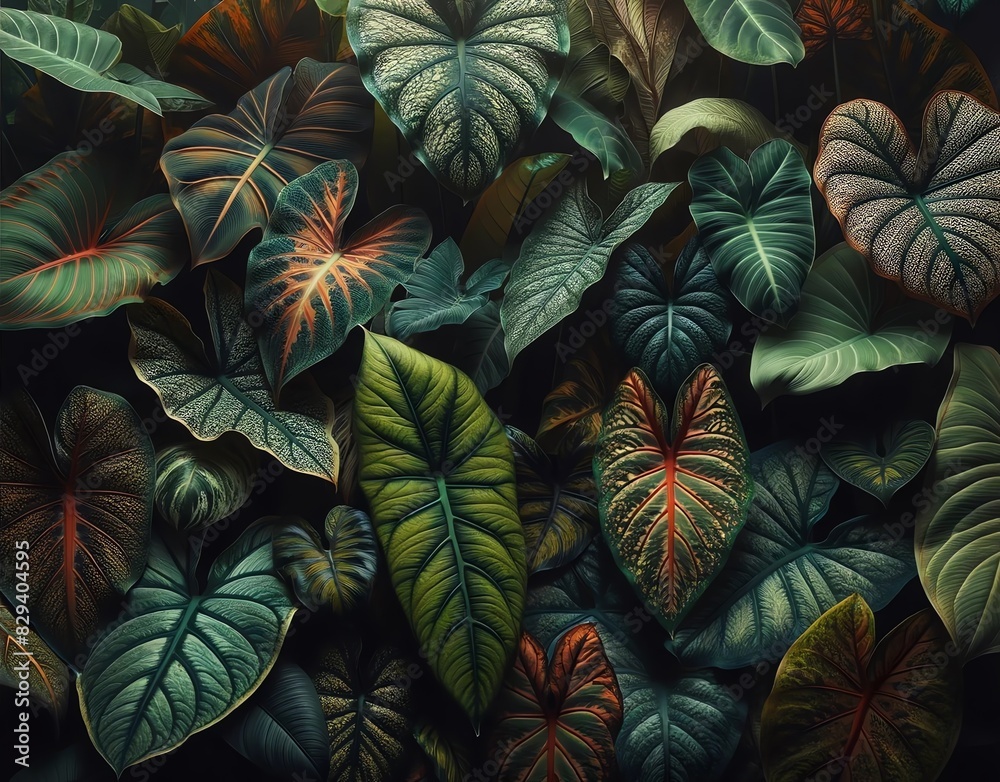 Naklejka premium A dense collection of Alocasia leaves with a variety of shapes and colors