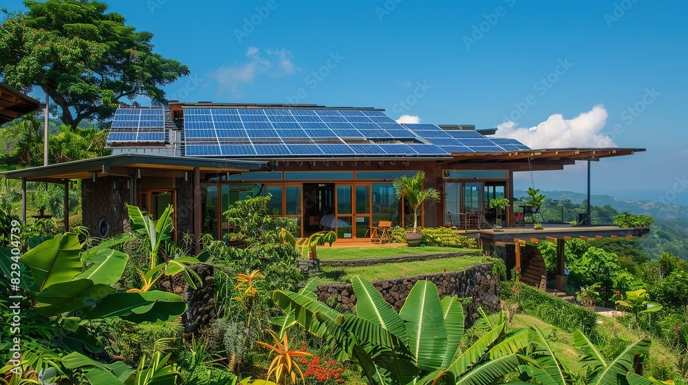 A solar panel installation on the roof of an eco-friendly house, surrounded by lush greenery and a clear blue sky A solar panel installation on the roof of an eco-friendly house, surrounded by lush greenery and a clear blue sky