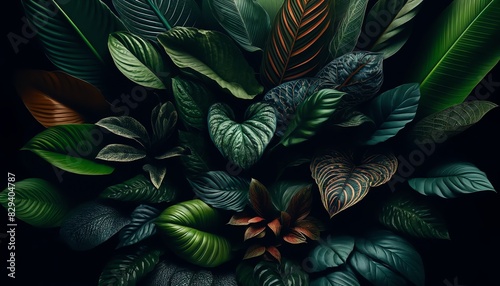 A dense collection of Calathea leaves with a variety of shapes and colors