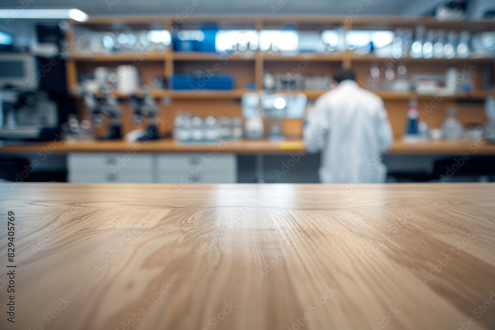 A wooden lab bench in the foreground with a blurred background of a science laboratory. The background features scientific equipment, lab coats, researchers conducting experiments, and shelves. A wooden lab bench in the foreground with a blurred background of a science laboratory. The background features scientific equipment, lab coats, researchers conducting experiments, and shelves.