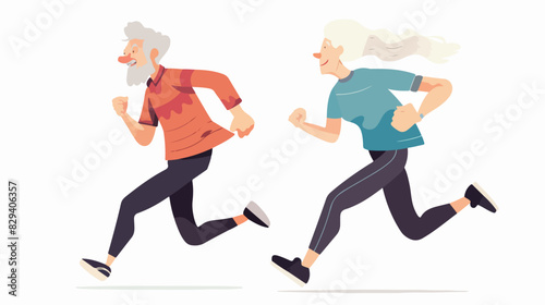 Old man and woman running together. Elderly people ac © Caso