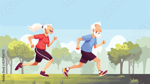 Old man and woman running together. Elderly people ac