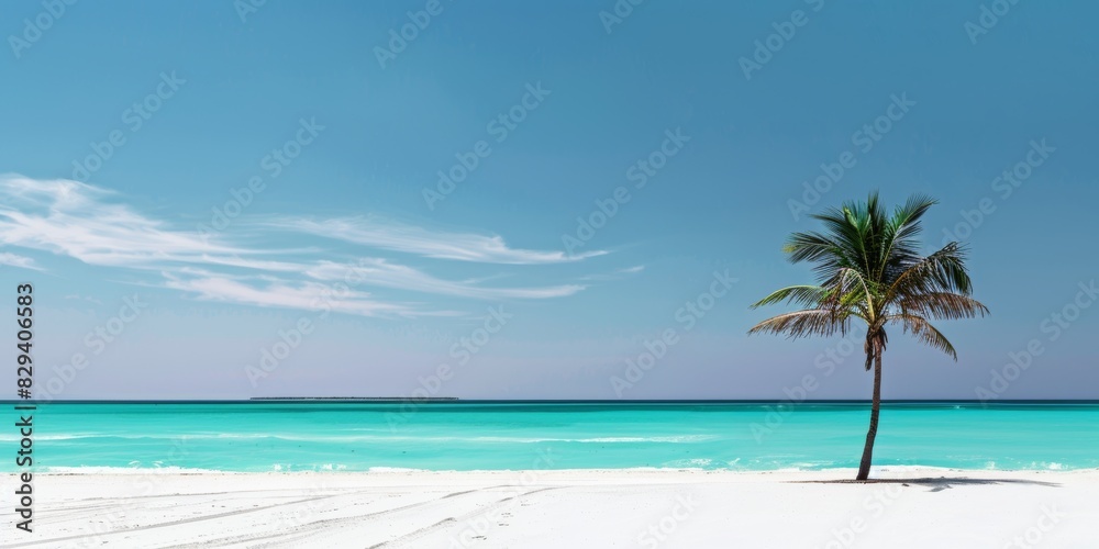 Idyllic tropical beach with a lone palm tree and turquoise water Idyllic tropical beach with a lone palm tree and turquoise water