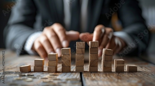 Businessman arranging wooden blocks into a bar graph on a wooden table, representing business growth and data analysis.