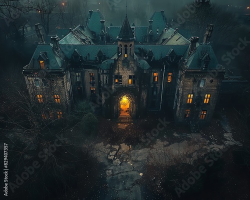 Capture a haunted, abandoned asylum from a drones perspective with eerie lighting, showcasing its architectural decay and haunting atmosphere photo