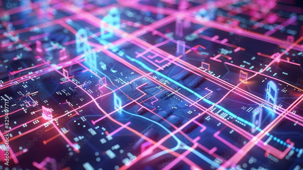 A virtual city map that displays realtime traffic data allowing users to visualize and navigate through the bustling streets and understand traffic patterns in a virtual reality environment. A virtual city map that displays realtime traffic data allowing users to visualize and navigate through the bustling streets and understand traffic patterns in a virtual reality environment.