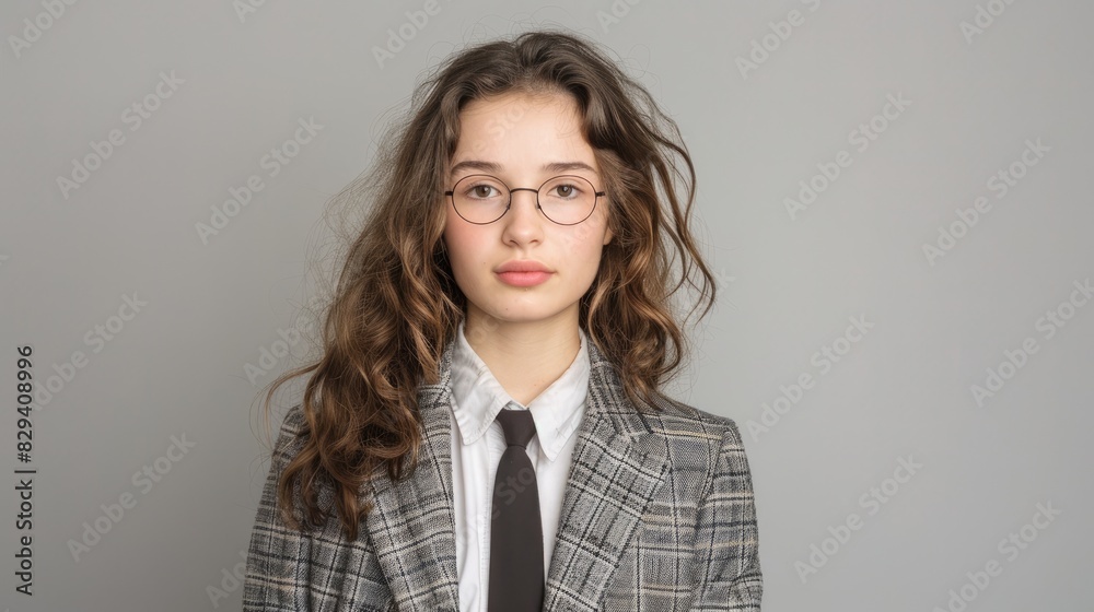 Female student in school attire against neutral backdrop Female student in school attire against neutral backdrop