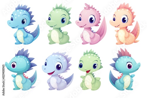 A set of cute dinosaurs in pastel shades with tiny wings and halos