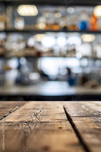 A wooden lab bench in the foreground with a blurred background of a science laboratory. The background features scientific equipment, lab coats, researchers conducting experiments, and shelves.