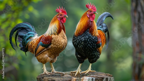 Detailed close-up of two roosters on a wooden perch, their feathers a striking blend of red, black, white, and brown hues photo