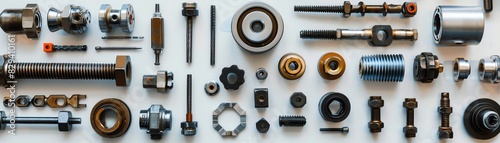 Assorted mechanical parts and tools spread out on a white surface Top view, industrial theme