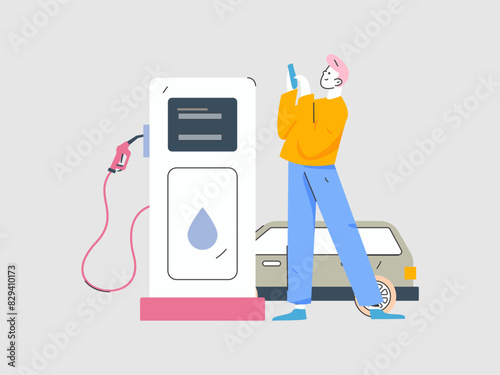 Vector Internet operation hand-drawn illustration of people getting discounts for refueling their cars
