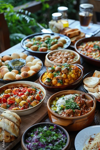 Assorted Mediterranean dishes on a table, colorful and appetizing