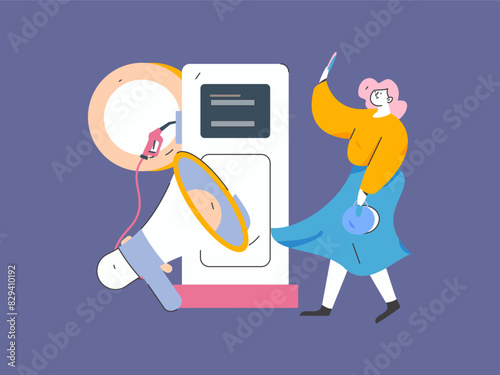 Vector Internet operation hand-drawn illustration of people getting discounts for refueling their cars
