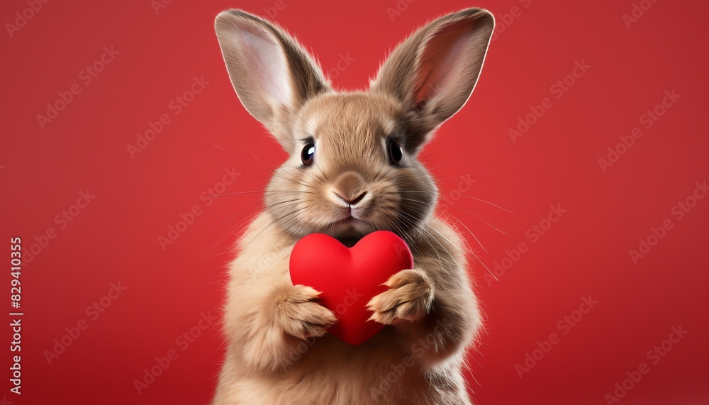 Bunny holding a red heart, adorable and sweet, vibrant red background
