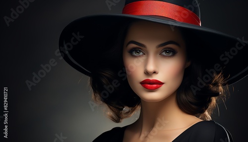 Elegant woman with red lipstick and widebrimmed hat, sophisticated look, dark background
