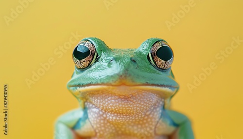 Green frog on pastel background, simple and clean