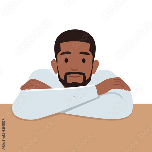 Handsome man looking at camera with head lying on crossed arms. arms resting is looking at the camera. Flat vector illustration isolated on white background