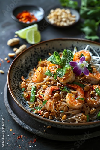 Pad Thai with shrimp, peanuts, and lime, beautifully presented with orchid garnish