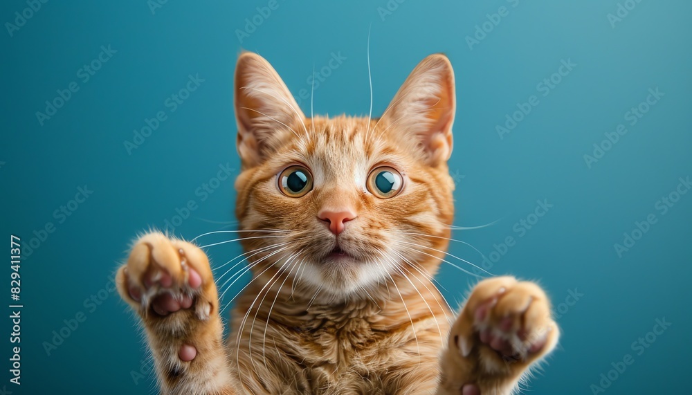Surprised orange tabby cat with paws up, blue background