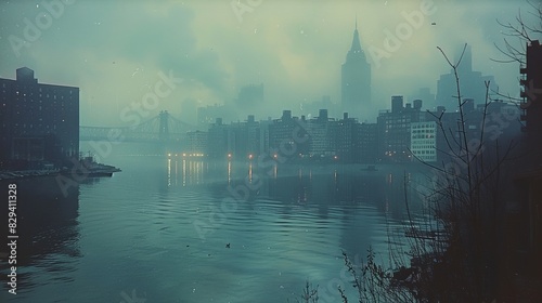 A cityscape, gloomy, shrouded in fog created with Generative AI technology © Robert Herhold