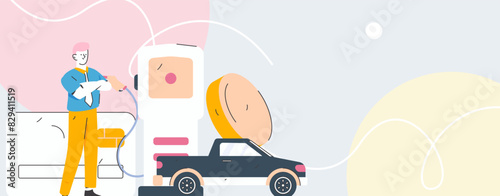 Vector Internet operation hand-drawn illustration of people getting discounts for refueling their cars
