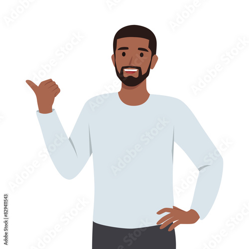 Young businessman is pointing to some thing with his thumb. Flat vector illustration isolated on white background