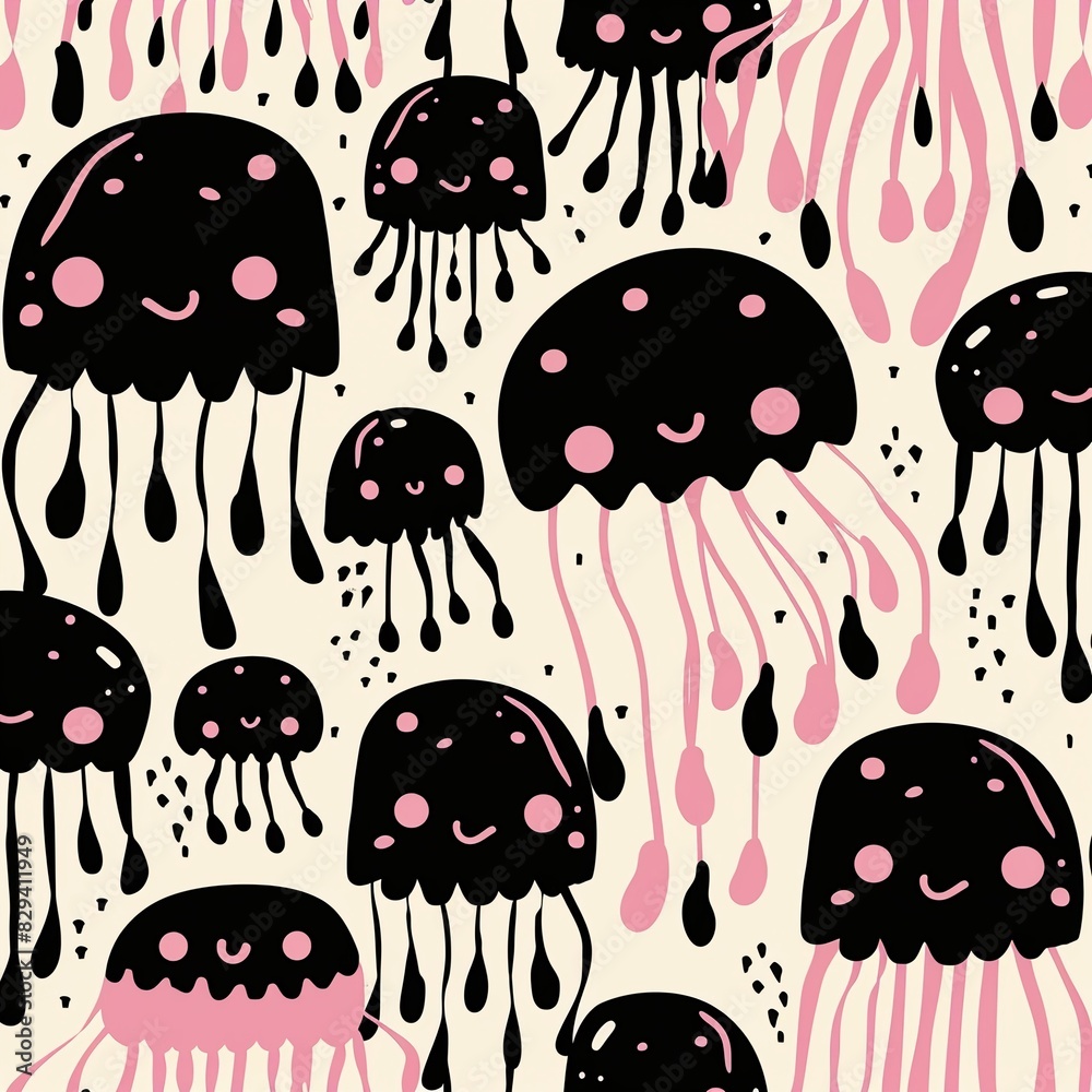 Fototapeta premium Seamless pattern pink and black kawaii jellyfish, vector art, geometric, ceramic, pattern design,