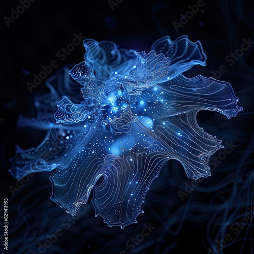 Bioluminescent dinoflagellate with complex structures, glowing in dark ocean water with dynamic highlights. photo