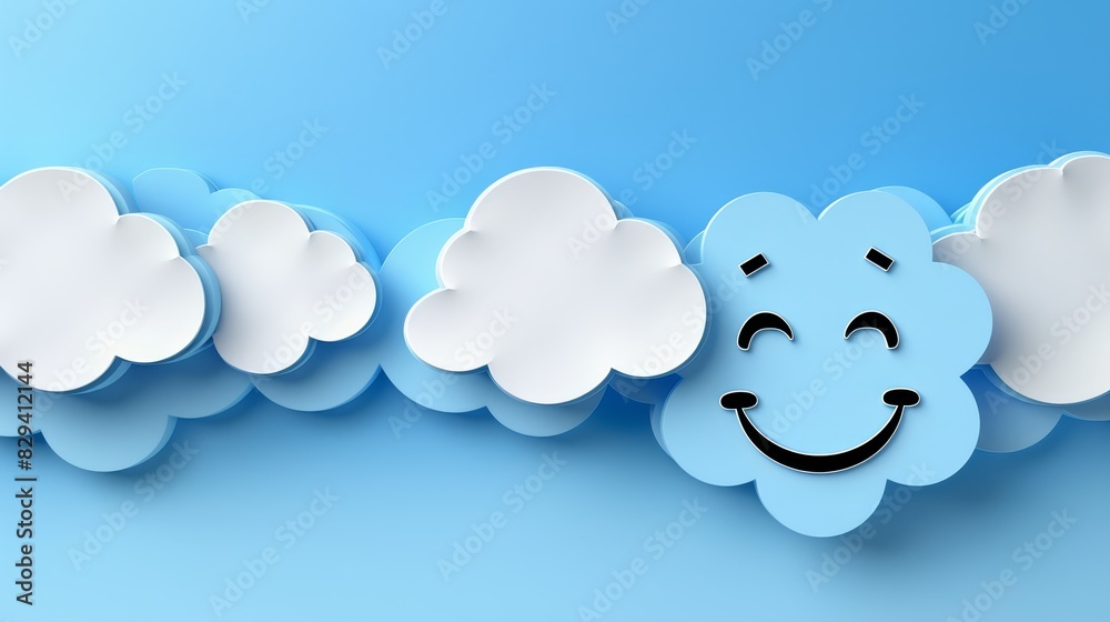 A blue cloud, shaped like a smiling face, floats among a line of white clouds The backdrop features a expansive blue sky, complemented by another white cloud at its center A blue cloud, shaped like a smiling face, floats among a line of white clouds The backdrop features a expansive blue sky, complemented by another white cloud at its center