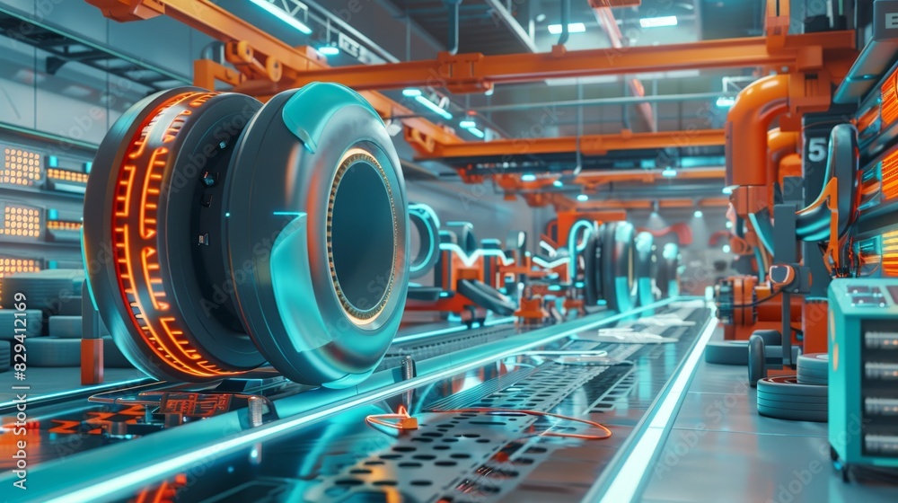 A production line for rolling and shaping tire tread patterns. sleek design. The image shows a production line in a tire manufacturing factory. A production line for rolling and shaping tire tread patterns. sleek design. The image shows a production line in a tire manufacturing factory.