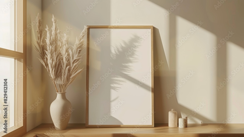 Close-up of a customized picture frame mockup on a minimalist shelf, showcasing sleek geometry, captured with a raw style Close-up of a customized picture frame mockup on a minimalist shelf, showcasing sleek geometry, captured with a raw style