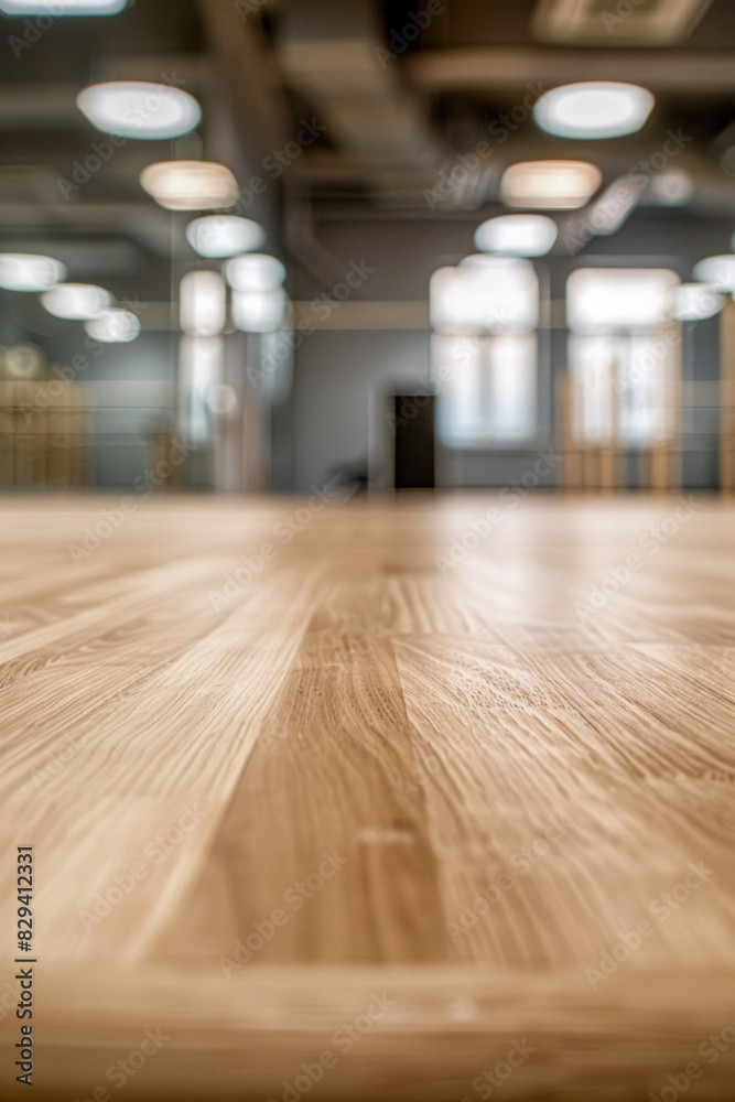 A wooden dance floor in the foreground with a blurred background of a dance studio. The background includes mirrors covering the walls.