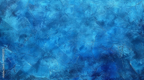  A painting featuring a blue backdrop with smaller, blue square motifs at its base The lower section of this artwork is uniformly painted blue photo