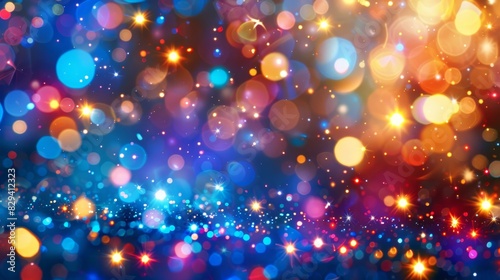 An image featuring colorful lights against a dark backdrop, with stars distinctly visible in the center The upper right region exhibits a blurred background