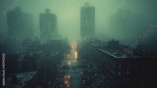 A cityscape, gloomy, shrouded in fog created with Generative AI technology