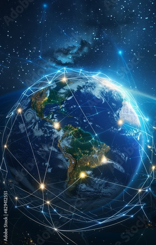 Globe with global connection lines and lights. Worldwide technology concept.